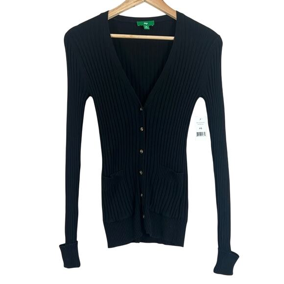 NWT Dip Cardigan Womens XS Black Ribbed Button Front V-Neck Ribbed Minimalist - Picture 1 of 5